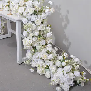 Corredor de flores blancas OEM de lujo al por mayor, mesa de boda, corredores de flores artificiales, piso, decoración de boda