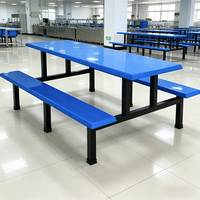 Table de cantine robuste en métal bleu avec bancs fixes en fibre de verre, facile à nettoyer, pour usine et cantine/restaurant scolaire