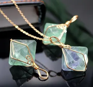 Copper Wire Wrapped Geometric Rhombus Healing Natural Crystal Stone Flourite Amethyst Pendant Necklace For Women Men