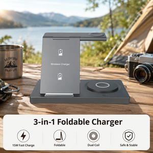 ที่วางโทรศัพท์ 3 in 1 แท่นชาร์จไร้สายแบบพับได้ 15W ขดลวดคู่ พร้อมแผ่นรองนาฬิกา จัดตำแหน่งแม่เหล็ก ชาร์จเร็ว - Product Image 1