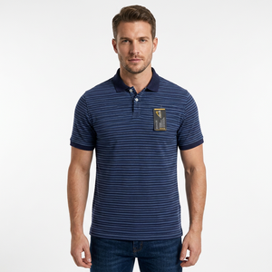 Polo de Manga Corta a Rayas Azul Marino para Hombre, Tejido de Algodón, Casual, Transpirable, con Logotipo Frontal, Corte Regular - Product Image 2