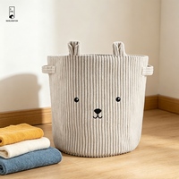 Panier de rangement en velours côtelé avec poignées, broderie visage d'ours, panier à linge pour chambre d'enfant, organisateur de jouets, bac rond en tissu pour chambre d'enfant