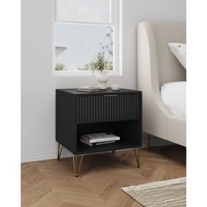 Black Nightstand With Ribbed <b>Drawer</b> And Gold Legs Modern Bedroom Storage Unit - Product Image 2