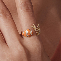 Anillo Abierto de Plata de Ley 925 con Diseño de Pez Payaso, Joyería Original con Temática Oceánica, Anillos Ajustables con Diseño de Pez Coral, Regalo de Playa para Mujeres y Niñas BSR760