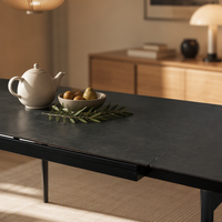 Table à manger extensible moderne, gris foncé, aspect marbre en pierre frittée, pieds en fer noir, table rectangulaire pour la maison et les restaurants