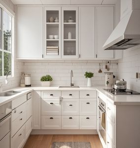 Mueble de Cocina con Acabado en Laca Blanca, Grano de Madera, Encimera de Cuarzo, Mármol, Fregadero de Cocina, Mueble de Madera - Product Image 1