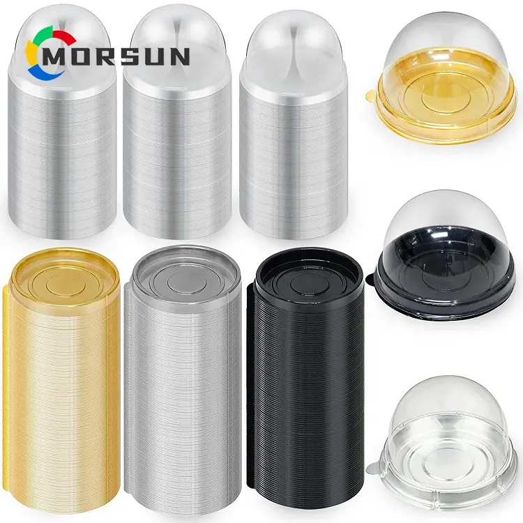 MorSun 50 Sets Runder Kunststoff Eigelb Puff Behälter Transparente Mooncake Dome Boxen Silber Back verpackung 60-80g