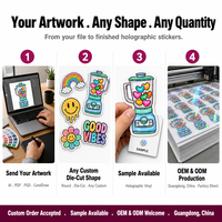 Autocollants découpés sur mesure en vinyle PVC holographique brillant, résistants aux UV, durables et imperméables, pour étiquettes de dessins animés et logos de bougies