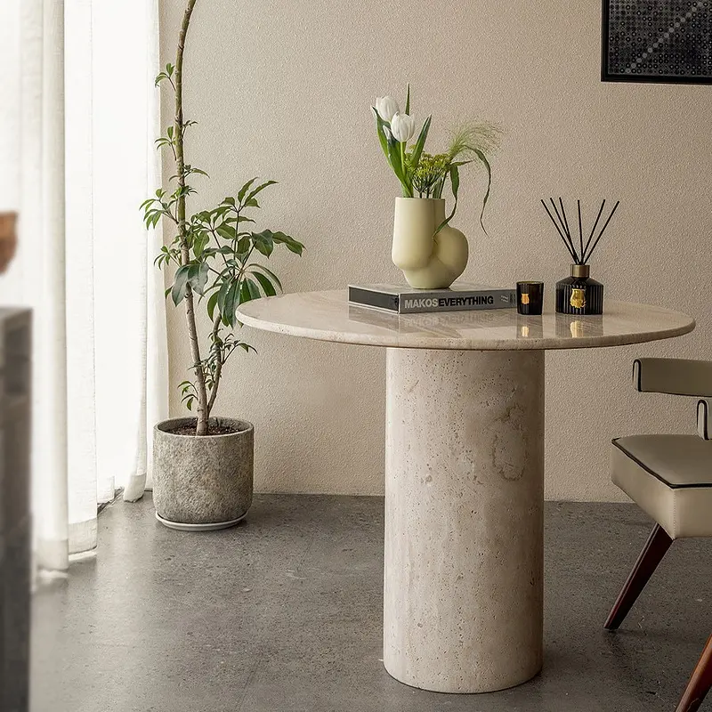 Mesa de comedor redonda de piedra natural italiana, zócalo de mármol, mesas de restaurante, mesa de comedor de travertino beige redonda moderna