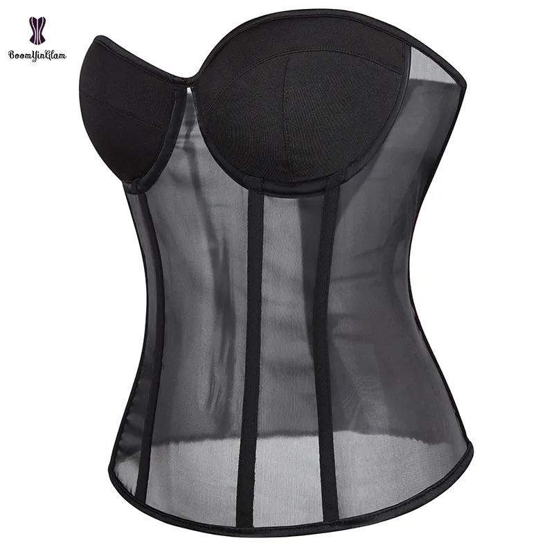 Sexy Transparente Lingerie Espartilho Bra Shaper Malha Net Oco Out Korsett Verão Íntimo Roupas Peito Binder Bustier Para Mulheres