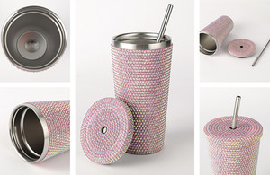 Gobelet en cristal de luxe de 17 oz avec strass placés à la main, matériau en acier inoxydable, isolation thermique chaude, couvercle en paille de café - Product Image 2