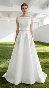 <span class=keywords><strong>Vestido</strong></span> de Novia de Satén con Cuello Barco, Ajuste Delgado, Espalda con Cordones, para Iglesia, Playa, Jardín, Tallas Grandes, Ideal para Novias Embarazadas - Product Image 2