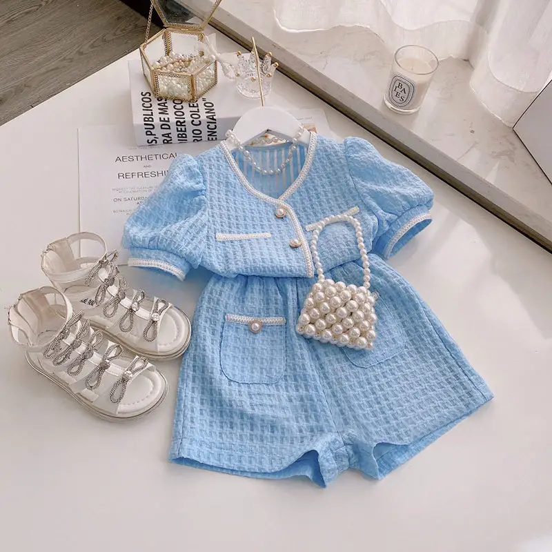 Summer 2022 new small fragrance suit girls high waist thin wide leg shorts two-piece suit kids clothing sets store