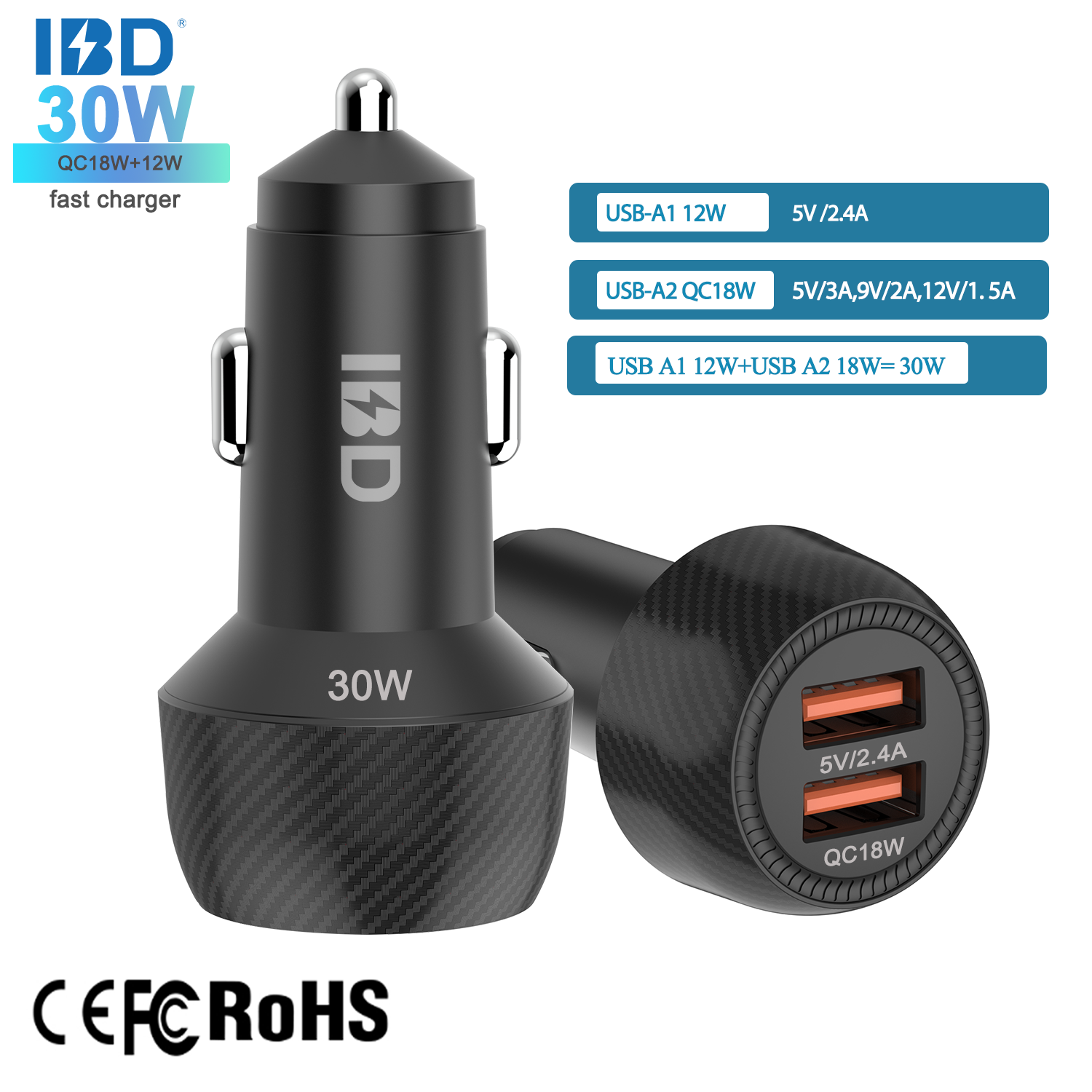 2USB 30W Fast Car Charger