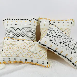 Cheersee bianco nero trapuntato berbero marocchino casa decorativo boho cuscino geometrica cotone macrame cuscino copre con frangia