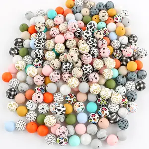 Kovict Bebê dentição Impressão Round Silicone beads Forma dos desenhos animados Food Grade DIY Canetas Acessórios Custom Silicone Loose Beads