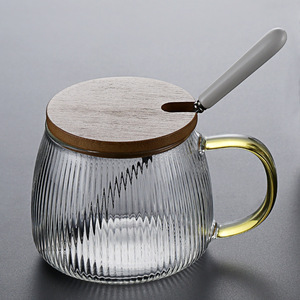 Taza de vidrio a rayas con tapa y cuchara, para uso en oficina, resistente al calor, diseño transparente - Product Image 3