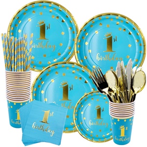 Un ans 1st d'anniversaire party set pour garçon gril bébé shower party fournisseurs papier vaisselle ensemble plaques tasses serviettes sert 16 - Product Image 4