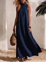 Nouvelle Arrivée 2026 QIQI Robe Décontractée Femme Style Vacances Bord de Mer Européen et Américain Couleur Unie Coton Lin Anti-Plis Col Rond
