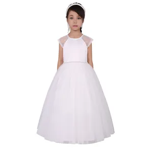 第一次圣餐连衣裙白色蕾丝帽袖舞会礼服薄纱裙闪亮腰带优雅儿童礼服