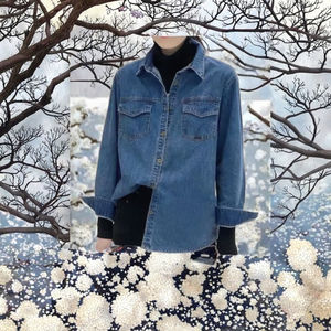 Nouvelle chemise en jean décontractée pour femme, hiver, simple boutonnage, manches longues, col rabattu, poches, teinture unie, respirante, tricotée, 500g, bouton - Product Image 3