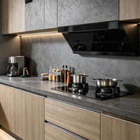 Meubles de cuisine de luxe sans poignées gris mat et bois, ensemble de cuisine modulaire pour projets d'appartements, fabrication OEM ODM, taille personnalisée