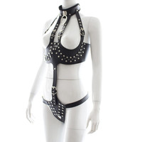 Ensemble de lingerie dos nu pour soutien-gorge ouvert en cuir BDSM Bondage noir pour femme