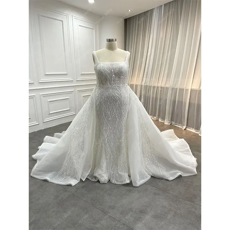 Supplier Hot Selling Luxury Boat Neck Sparkly Beaded African Mermaid Bridal Gown Women Plus Size Detachable Train Wedding Dress