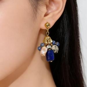 Boucles d'oreilles pendantes en lapis-lazuli plaquées or, style bohème, pour femmes, à porter au quotidien, avec pampilles en pierre naturelle - Product Image 4