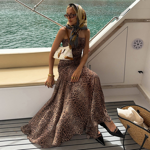 Vestido largo acampanado con espalda descubierta, diseño estilo francés maduro, estampado de leopardo, cintura fruncida, bustier elástico, vestido maxi. - Product Image 4