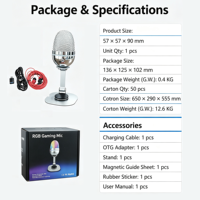 Microphone de bureau USB avec éclairage RGB GAM-LN08, support magnétique détachable, adapté aux jeux sur ordinateur et au streaming en direct