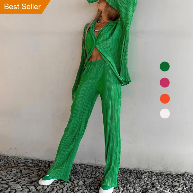 2022年春女性服グリーン2ピースセットボタンダウンブラウスプリーツワイドレッグパンツルーズエレガントカジュアルツーピースセット