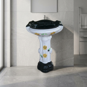 Lavabo sur pied carré en céramique de style américain, à trou unique, décoratif, pour lavage des mains - Product Image 1