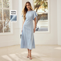 Robe midi en ramie bleu clair pour femme, col rond, manches festonnées, taille cintrée, robe d'été pour invitée de mariage
