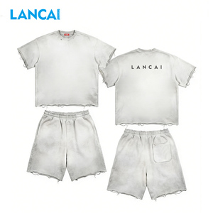 Conjunto Deportivo Lancai de Dos Piezas, Transpirable, Ligero, Reversible, Estilo Hip Hop, Lavado Ácido, con Estampado en Relieve y Corte Recortado, 100% Algodón - Product Image 1