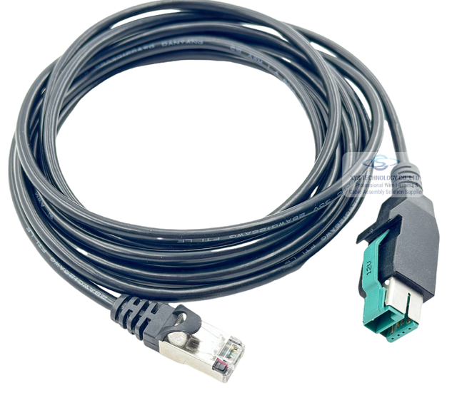 Custom 12V Power USB to RJ50 POS Terminal Cable Barcode Scanner with Nylon PVC Jacket Foil Shielding Model 90A052198 CAB413E2