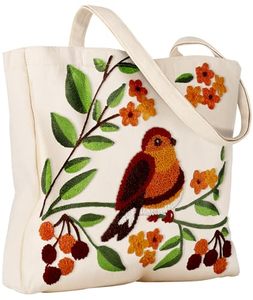 Custom Logo Embroidery Casual Zipper Shoulder Reusable Canvas Tote <b>Bag</b> Long Handle Cute 3D <b>Tree</b> Bird Embroidery for Grocery Work - Product Image 1