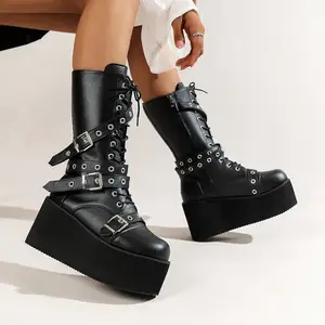 2023 New Punk Spicy Girls Platform Thick Sole Large Size Mid-calf Boots Belt Buckle Rivet Metal Zipper Lace Up Women's Boots