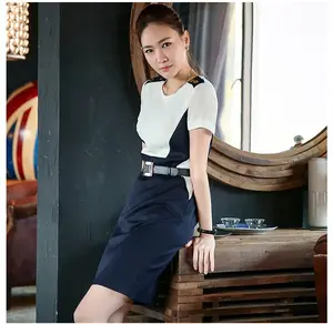 Custom fashion design color combination short sleeve ladies formal career dress with belt