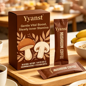 กาแฟเห็ดเพิ่มพลังสูตรอ่อนโยน OEM สำหรับขายส่งและรับผลิตแบรนด์ส่วนตัว 2 กรัม*20 ซอง กล่องลายเห็ดสองชนิดสีน้ำตาล - Product Image 6