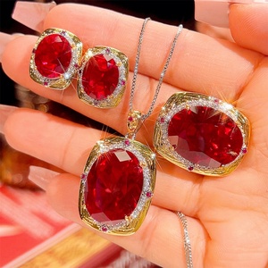 High Quality 15*20-10-12mm Red Cubic Zirconia Vintage Fashion Wholesale <b>Set</b> Eco-friendly Copper Gold Plated Jewelry <b>Set</b> - Product Image 3