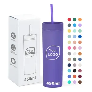 Custom Logo Double Wall Plastic Cup Reusable Simple Matte Pastel Rubber Paint 16oz Skinny Acrylic Tumbler With Lid And Straw
