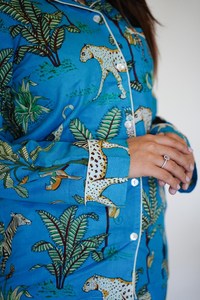 Women's 2-Piece Blue Floral <b>Print</b> Knitted Cotton Pajamas Long Sleeve Full Length Turn-Down Collar Casual Sleepwear - Product Image 6