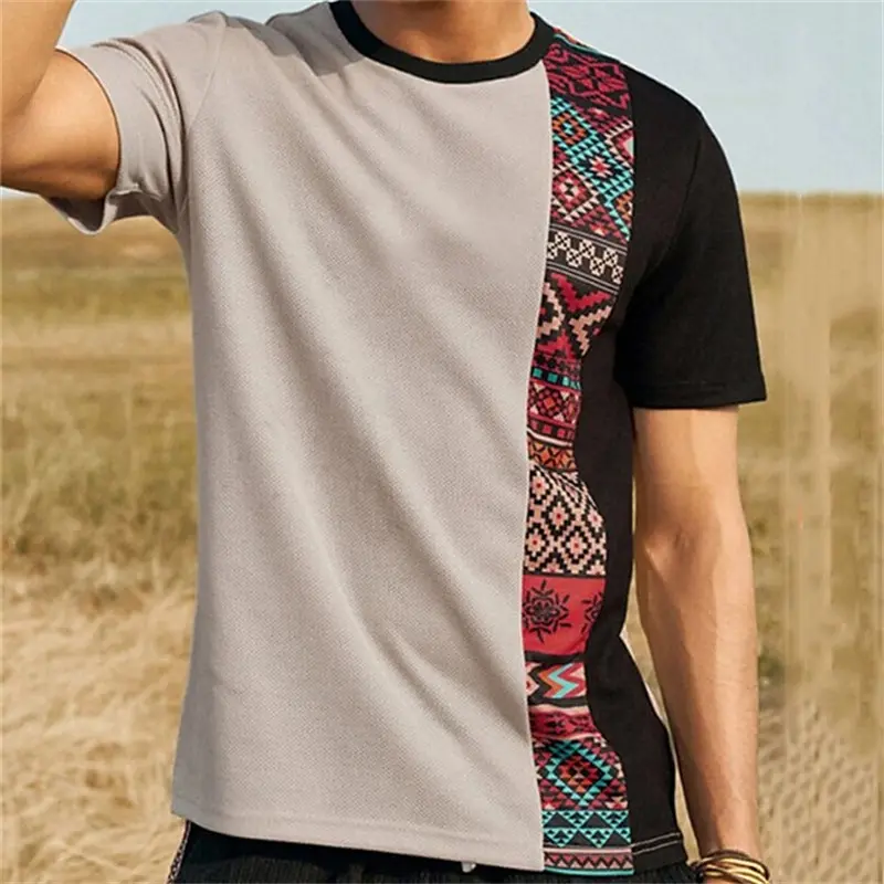 アフリカスタイルオーバーサイズ半袖ラウンドネックTシャツメンズ2024夏