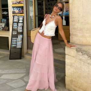 Country Fresh Solid Color A Line Elastic Tiered Midi Skirt Soft Versatile Vacation Style Casual Long Skirt - Product Image 3