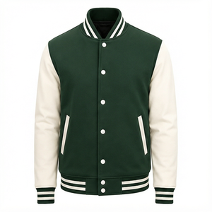 <b>Men's</b> Varsity Jacket Green <b>White</b> Sleeve Stand Collar Button Front Casual Winter <b>Coat</b> OEM Service - Product Image 1