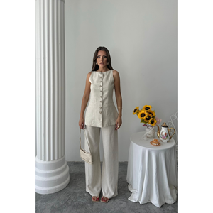 Conjunto de chaleco y pantalón de lino para mujer, sin mangas, pantalón de pierna ancha, atuendo informal, estilo veraniego - Product Image 2