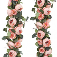 Guirlandes artificielles de pivoines et de roses avec feuilles d'eucalyptus – Décoration florale artificielle pour mariages, fêtes et fiançailles – Décoration murale