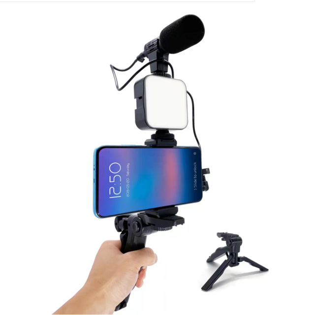 Condenser Microphone with Tripod LED Fill Light for Professional Photo Video Camera Phone for Interview Live Recording YouTube