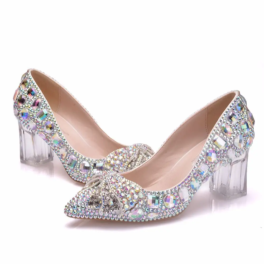 LS105 रंगीन स्फटिक धनुष उठाई महिला शादी के जूते, पारदर्शी वर्ग मोटी एड़ी के जूते, वार्षिक प्रदर्शन चरण जूते
